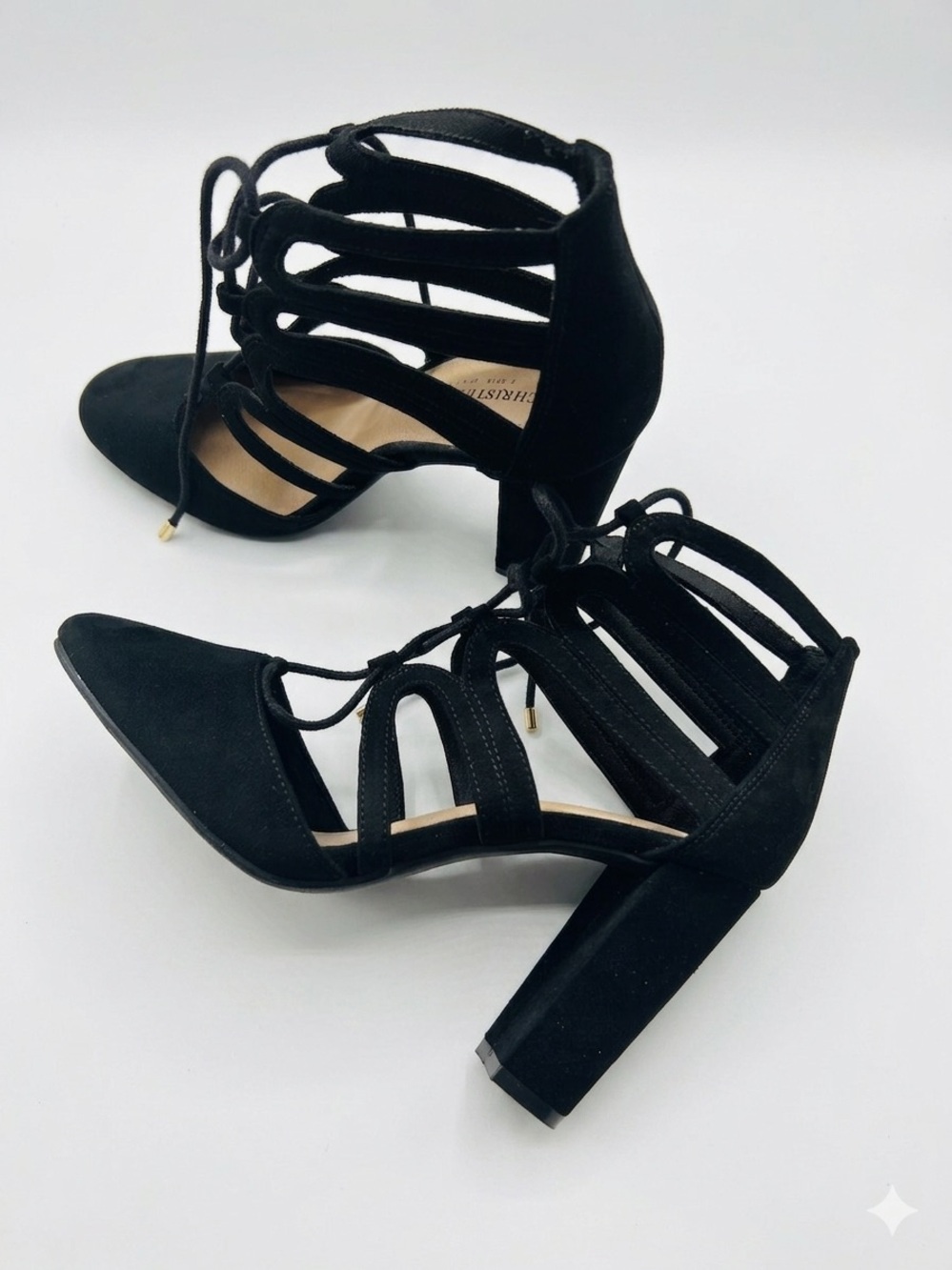 Size 7 Christian Siriano 3.5” Suede Black Strappy Lace-Up Cage Block Heel Pumps